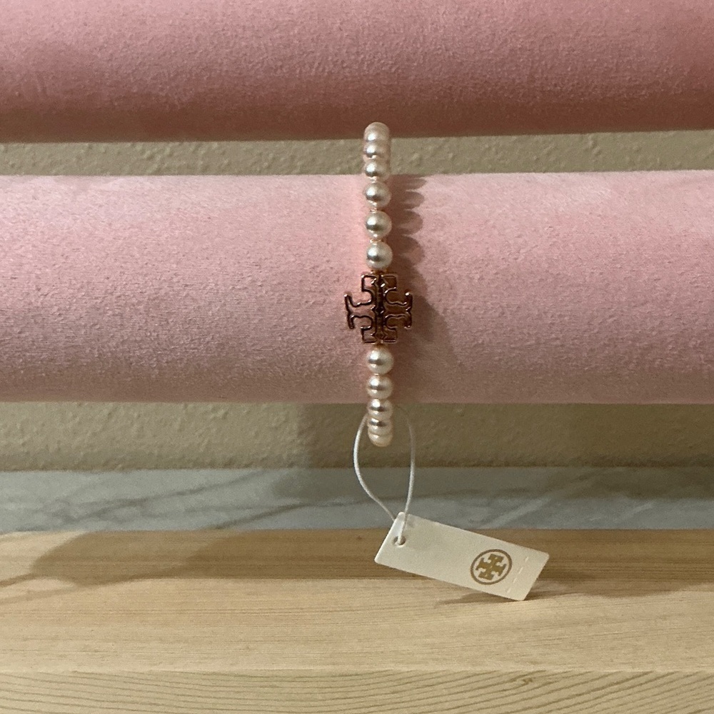 Tory Burch Logo Pearl and Rose Gold Tone Cuff Bracelet - Picture 3 of 6
